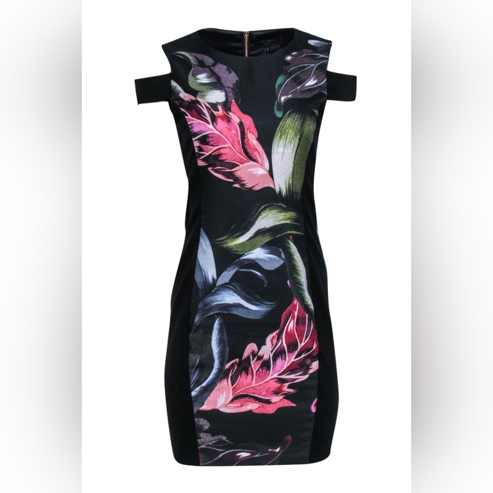 Black Floral Cold-Shoulder Sheath Dress - Picture 7 of 13